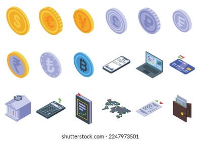 Los iconos de conversión de moneda establecen un vector isométrico. Pago de cambio. Convertir moneda