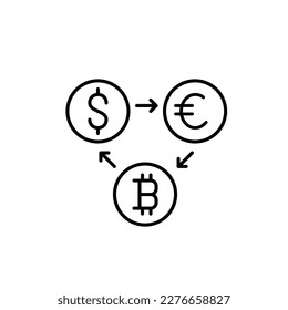 Währungsumrechnung. USD in Euro in Bitcoin. Kryptowährungsfinanzoperationen. Pixel perfekt, bearbeitbarer Hub