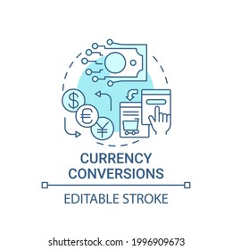 Symbol für Währungsumrechnungen. Globale Marktplätze bieten abstrakte Ideen in dünner Linie an. Handel im Ausland auf der Plattform für den elektronischen Geschäftsverkehr. Vektorgrafik einzeln auf Umrissfarben. Bearbeitbarer Hub