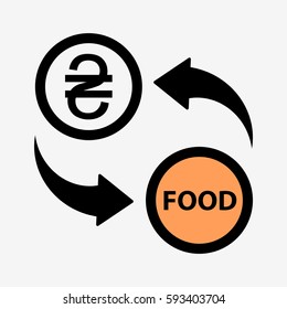 Currency convert icon. food to UAH. Isolated on white background. Flat vector illustration