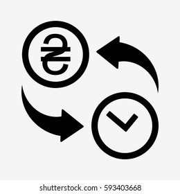 Currency convert icon. Time transfer to UAH. Isolated on white background. Flat vector illustration