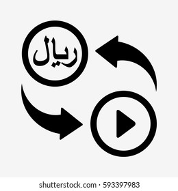 Currency convert icon. Video to Rial. Isolated on white background. Flat vector illustration