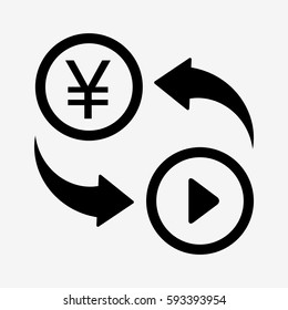 Currency convert icon. Yen to video. Isolated on white background. Flat vector illustration