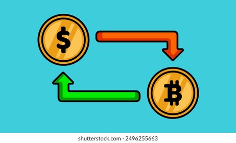 Conversor de divisas, tipo de cambio de divisas, dólares a bitcoins, ilustración de icono plano de Vector de comercio de divisas