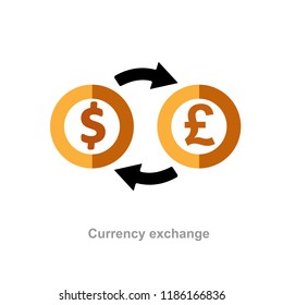 Currency converter, monetary policy, currency exchange rate, cashback, dollars to pounds, foreign exchange instant loan, business solution, finance service, money translator vector flat icon