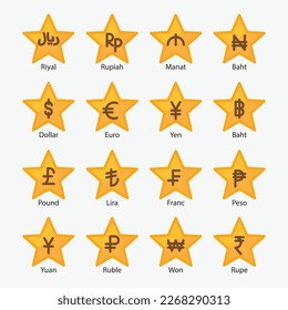 Currency countries symbols stars gold. Riyal, rupiah, dollar, euro, yen, baht, pound, lira, franc, yuan, ruble, won, rupe, naira
