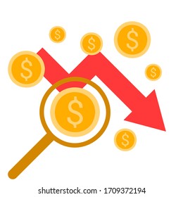 Gráfico de la caída de la moneda, de la falla del dinero. Gráfico comercial, flecha roja baja con monedas de oro. Ilustración plana del vector