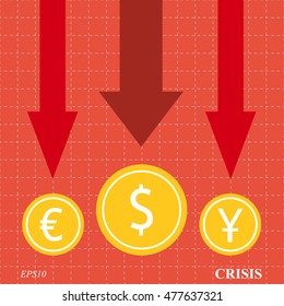 Currency crisis arrows on red background