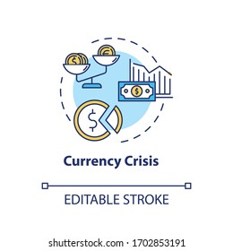 Currency, crisis concept icon. National economic issue, financial emergency idea thin line illustration. Money exchange rate devaluation. Vector isolated outline RGB color drawing. Editable stroke