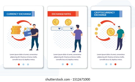 Currency and Cryptocurrency Exchange, Rate Tracking Mobile Service. Virtual Cash Financial Transaction. Webpage Banner Flat Set. Cartoon People Changing Money and Bitcoins. Vector Illustration