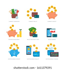 Currency, cryptocurrency and finance concepts: savings, investment, wallet, deposit, online banking and management