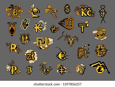 Currency and cryptocurrency hand drawn bright doodles dollar, euro, franc, lira, zloty, ruble, hryvnia, yen, won, rupee, tugrik, tenge, lari, saudi riyal, shekel, bitcoin, etherium, litecoin etc.