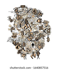 Currency and cryptocurrency hand drawn line bright doodles dollar, euro, franc, lira, zloty, ruble, hryvnia, yen, won, rupee, tugrik, tenge, lari, saudi riyal, shekel, bitcoin, etherium, litecoin etc.
