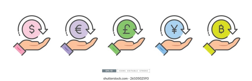 Currency cycle for cashback concept with dollar, euro, baht, yen and pound sign and arrow return on hand. Editable stroke, thin line and flat vector illustration.