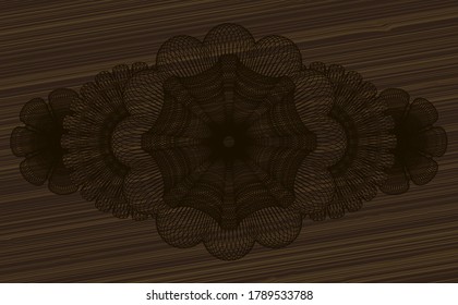 Currency dark wooden realistic badge. Brown handsome background. Intense illustration. 