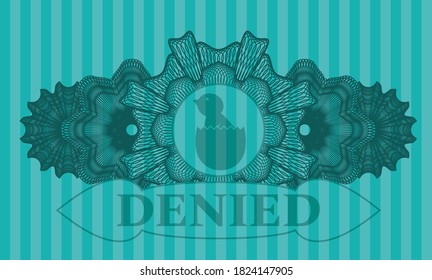 Currency decoration baby chick coming out of the egg icon and denied text Turquoise badge. Bars graceful background. Artistic illustration. 