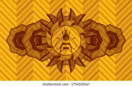 Currency decoration bee icon inside abstract orange color realistic emblem. Geometric handsome background. Intense illustration. 
