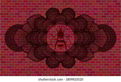 Currency decoration bee icon inside brick stone wall realistic badge. Tiles fashionable background. Illustration. 