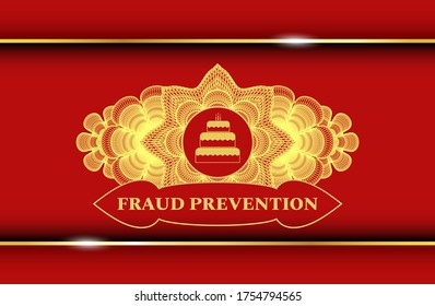 Currency Decoration Birthday Cake Icon And Fraud Prevention Text Red And Gold Realistic Emblem. Traditional Chic Background. Illustration. 