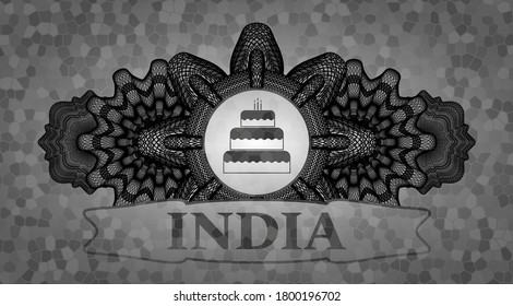 Currency decoration birthday cake icon and India text stone wall emblem. Rock fancy background. Artistic illustration. 