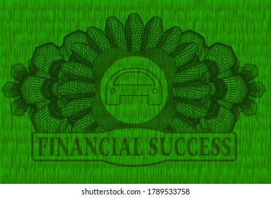 Currency decoration Car icon and Financial Success text green grass badge. Eco graceful background. Artistic illustration. 