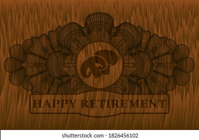 Currency decoration champignon icon and Happy Retirement text Brown fur realistic badge. Pet classic background. Illustration. 