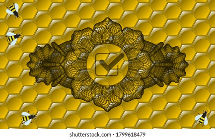 Currency decoration checked checkbox icon inside sweet honey emblem. beekeeping graceful background. Artistic illustration. 