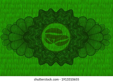 Currency decoration coffee beans icon inside grass sod emblem. Eco graceful background. Intense illustration. 