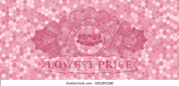 Currency decoration Community icon and lowest price text pink tile mosaic pattern realistic emblem. Geometric hexagon luxurious background. Artistic illustration. 