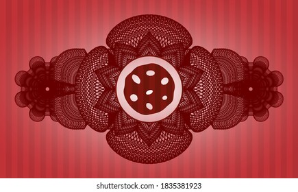 Currency decoration cookie icon inside red color realistic emblem. Bars fashionable background. Artistic illustration. 