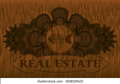 Currency decoration dead fish icon and REAL ESTATE text Brown fur badge. Animal classic background. Artistic illustration. 