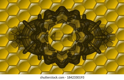Currency decoration dead fish icon inside sweet honey realistic badge. beekeeping classic background. Vector illustration. 