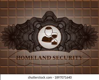 Currency Decoration Delayed Icon And Homeland Security Text Chocolate Bar Emblem. Brown Fancy Background. Artistic Illustration. 