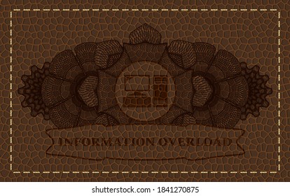 Currency decoration desktop computer icon and Information overload text leather realistic emblem. Wallet exquisite background. Illustration. 