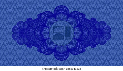 Currency decoration desktop computer icon inside blue japan pattern realistic emblem. Geometric fancy background. Intense illustration. 