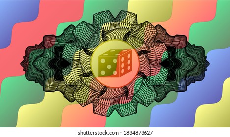 Currency decoration dice icon inside Colorful multicolored realistic badge. Curvy delicate background. Artistic illustration. 