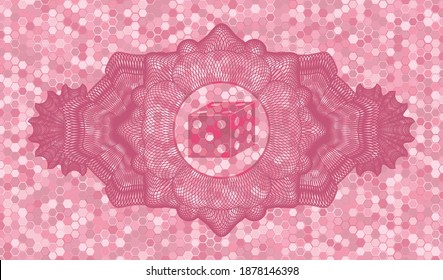 Currency decoration dice icon inside pink color tile mosaic realistic badge. Geometric hexagon graceful background. Intense illustration. 