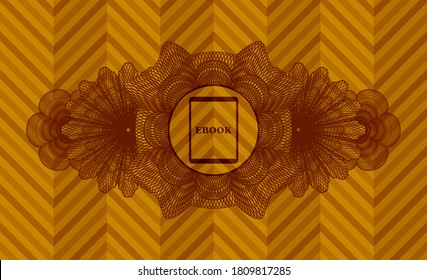 Decoración de moneda Icono de Ebook dentro de una insignia realista de color naranja. Fondo geométrico elegante. Ilustración. 