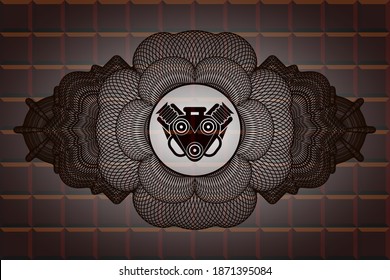 Icono de motor de decoración de moneda dentro de un emblema realista de chocolate. Marrón y delicado fondo. Ilustración. 