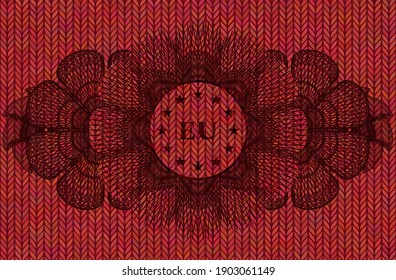 Currency decoration european union icon inside Red wool emblem. Cloth delicate background. Intense illustration. 