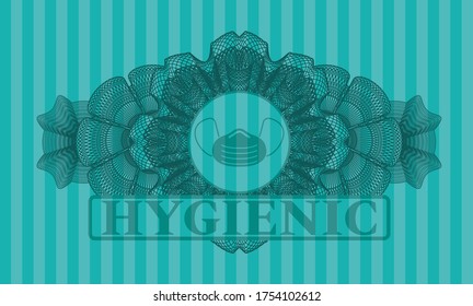Currency decoration Face mask icon and Hygienic text Turquoise color realistic badge. Bars fancy background. Intense illustration. 