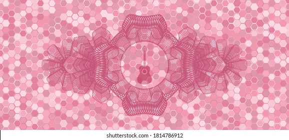 Currency decoration guitar icon inside pink color tiles mosaic realistic badge. Geometric hexagon classic background. Artistic illustration. 