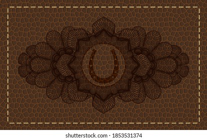 Currency decoration horseshoe icon inside brown leather badge. Wallet fancy background. Vector illustration. 
