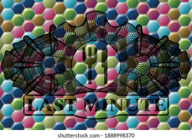 Decoración de moneda cuchillo e icono de tenedor y texto de Last Minute Colorful caramelos insignia multicolor. Un fondo de lujo hexagonal. Ilustración vectorial. 