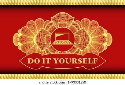Currency decoration laptop computer icon and Do It Yourself text Gold and Red realistic emblem. Traditional luxurious background. Vector illustration. 