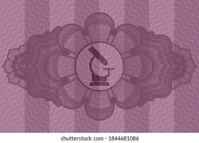 Currency decoration microscope icon inside pink wavy badge. Curve fancy background. Intense illustration. 