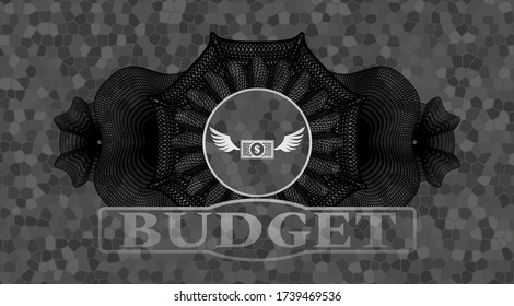 Currency decoration Money wings flying icon and Budget text grey stone wall badge. Rock delicate background. Illustration. 