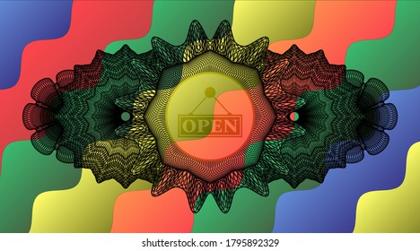 Currency decoration open business sign icon inside Colorful candy multicolored emblem.Curvy fashionable background. Vector illustration. 