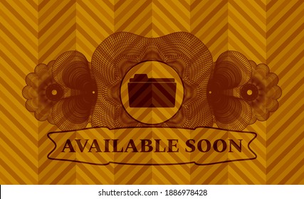 Currency decoration open folder icon and available soon text abstract orange emblem. Geometric exquisite background. Intense illustration. 