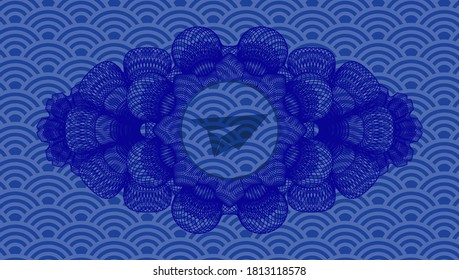 Currency decoration paper plane icon inside blue japanese style pattern realistic emblem. Geometric graceful background. Vector illustration. 